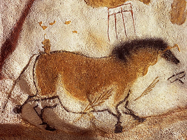Cavallo, 18.000-16.000 anni fa ca. Ocra rossa, carboncino e graffiti su calcare. Grotta di Lascaux, Dordogna, Francia.
