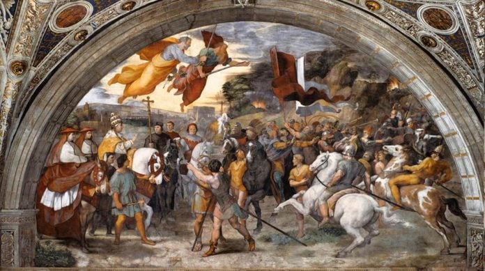 Incontro tra Leone il Grande e Attila, affresco, 1514, Stanza di Eliodoro, Palazzi Pontifici, Vaticano