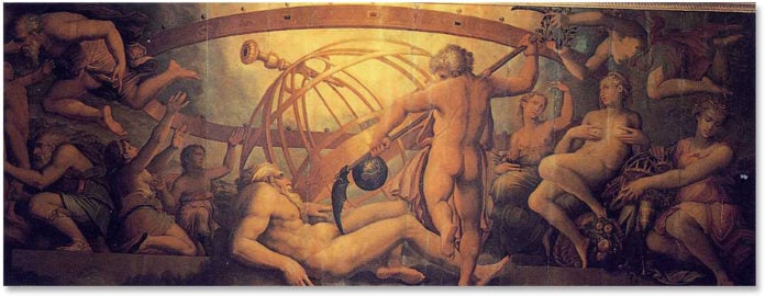 urano e crono Storia di Urano e Crono - La mutilazione di Urano da parte di Crono (XVI secolo), Giorgio Vasari, Palazzo Vecchio, Firenze.