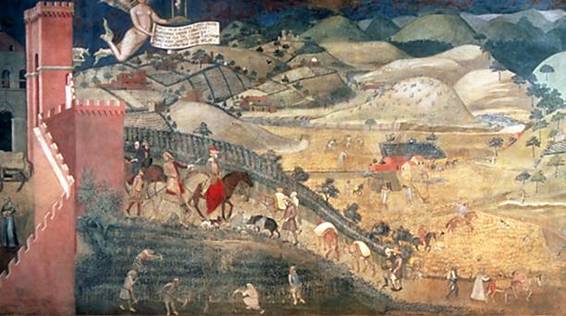 Ambrogio Lorenzetti, affresco, Effetti del Buon Governo in città e in campagna, particolare.
