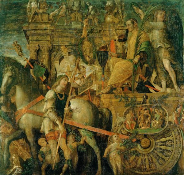 Cesare sul carro trionfale, particolare di un dipinto (1486 - 1501) commissionato ad Andrea Mantegna dai Gonzaga di Mantova per esaltare simbolicamente, attraverso la gloria di Cesare, la propria grandezza