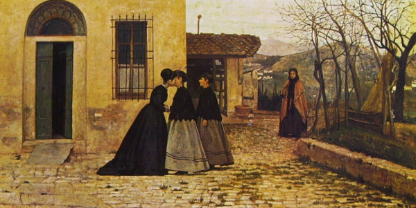 Silvestro Lega, La visita, 1868. Olio su tavola, 31x60 cm. Roma, Galleria Nazionale d'Arte Moderna.