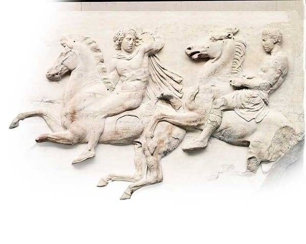 Fregio nord del Partenone, particolare con efebi a cavallo, marmo, h 102 cm, Londra, British Museum