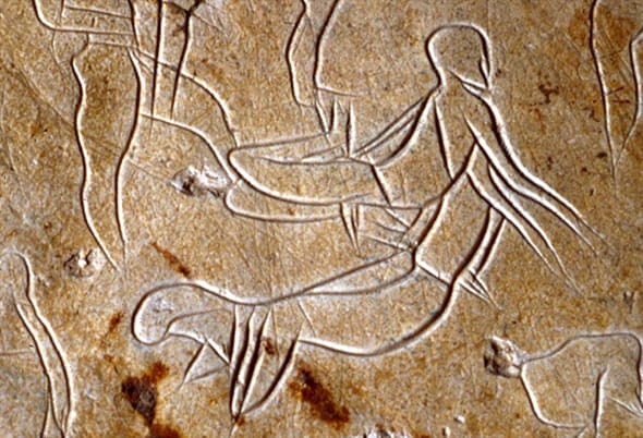 Atre preistorica in Italia. Figure umane incise nella pietra (scena di esecuzione?) 10mila-8mila anni fa circa, incisione rupestre, Grotte dell'Addaura (Monte Pellegrino, Palermo)