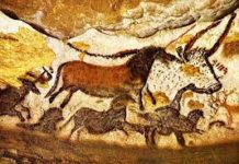 dipinti parietali, 18.000-16.000 a.C. le Grotte di Lascaux, Dordogna, Francia.