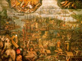 Giorgio Vasari, la battaglia di Lepanto, 1572-73 [Sala Reale del Vaticano, Roma]