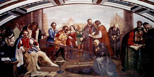 Galileo raffigurato nell'atto di dimostrare sperimentalmente la legge della caduta dei gravi mediante un piano inclinato a Giovanni de' Medici. L'affresco (1841) è di Giuseppe Bezzuoli, part., Firenze, Palazzo Torrigiani.