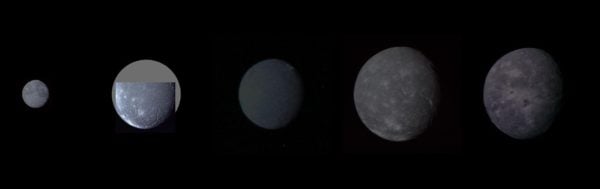I 5 satelliti di Urano in un fotomontaggio, in ordine crescente di distanza (da sinistra a destra): Miranda, Ariel, Umbriel, Titania e Oberon.