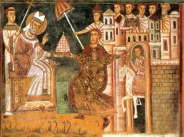 Donazione di Costantino - Dalle pareti dell'Oratorio di San Silvestro, Roma. Una scena riproducente Silvestro I che riceve dall'imperatore Costantino la tiara, simbolo del potere temporale