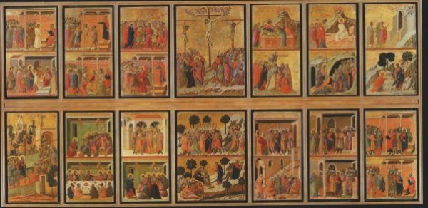 Duccio di Buoninsegna, Maestà, 1308-1311. Lato posteriore con i 26 episodi. Tempera e oro su tavola. Siena, Museo dell'Opera del Duomo e musei stranieri