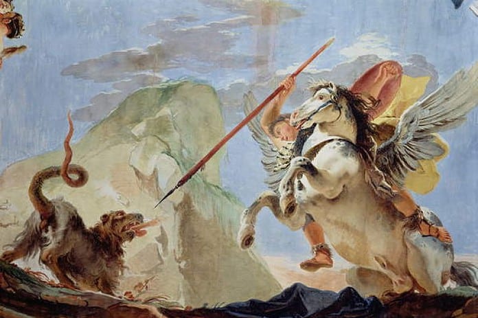 Bellerofonte a cavallo di Pegaso uccide la Chimera